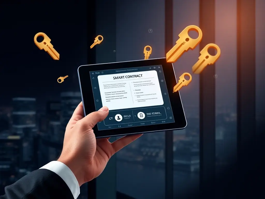 An image illustrating smart contracts automating processes in the real estate industry, ensuring secure and efficient property transactions.