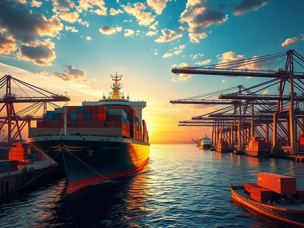 An image depicting containers being loaded onto a cargo ship, with a subtle blockchain overlay, representing secure and efficient cross-border trade.