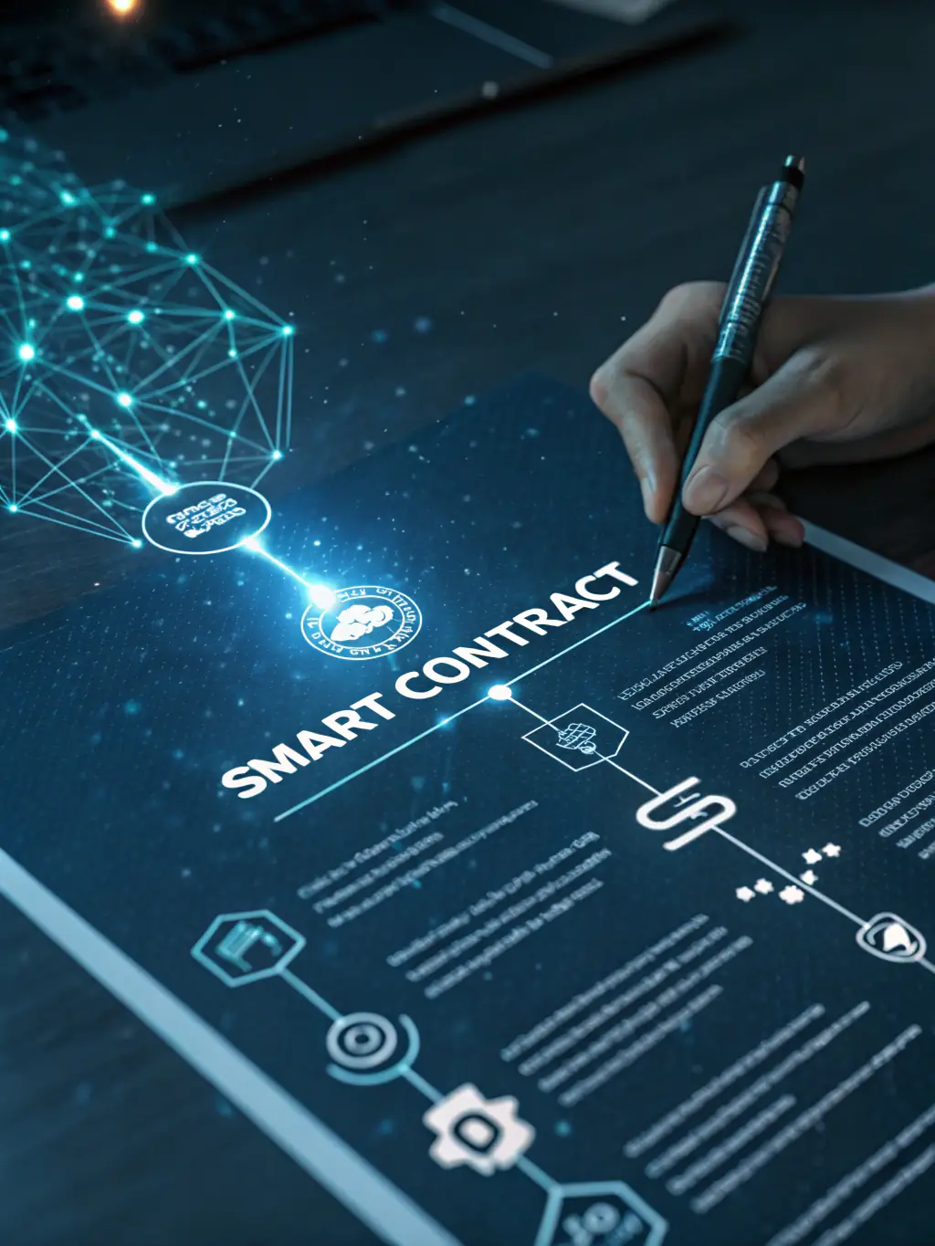 An image illustrating the concept of smart contracts in action, visualizing automated agreements and secure transactions on a blockchain network.