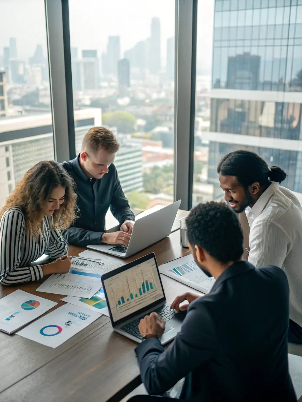 An image showcasing a team of consultants working on a blockchain implementation project, collaborating on a digital interface with blockchain network visualizations.