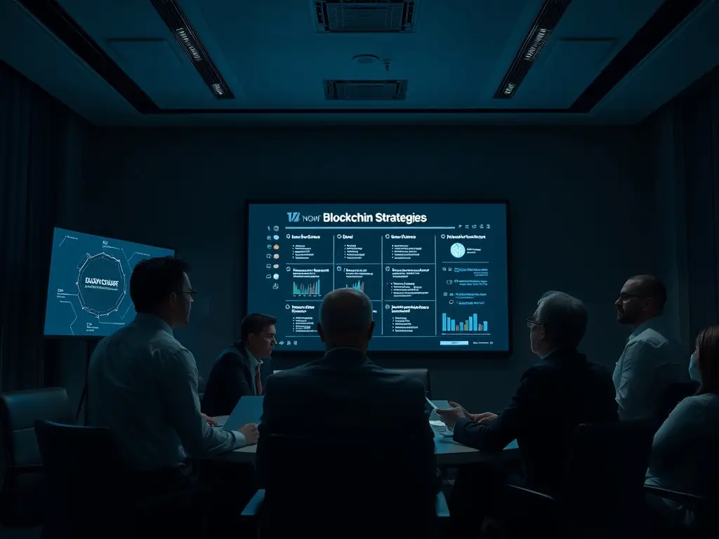 A professional image of consultants collaborating with a client in the financial services industry, discussing blockchain solutions for secure transactions and regulatory compliance.